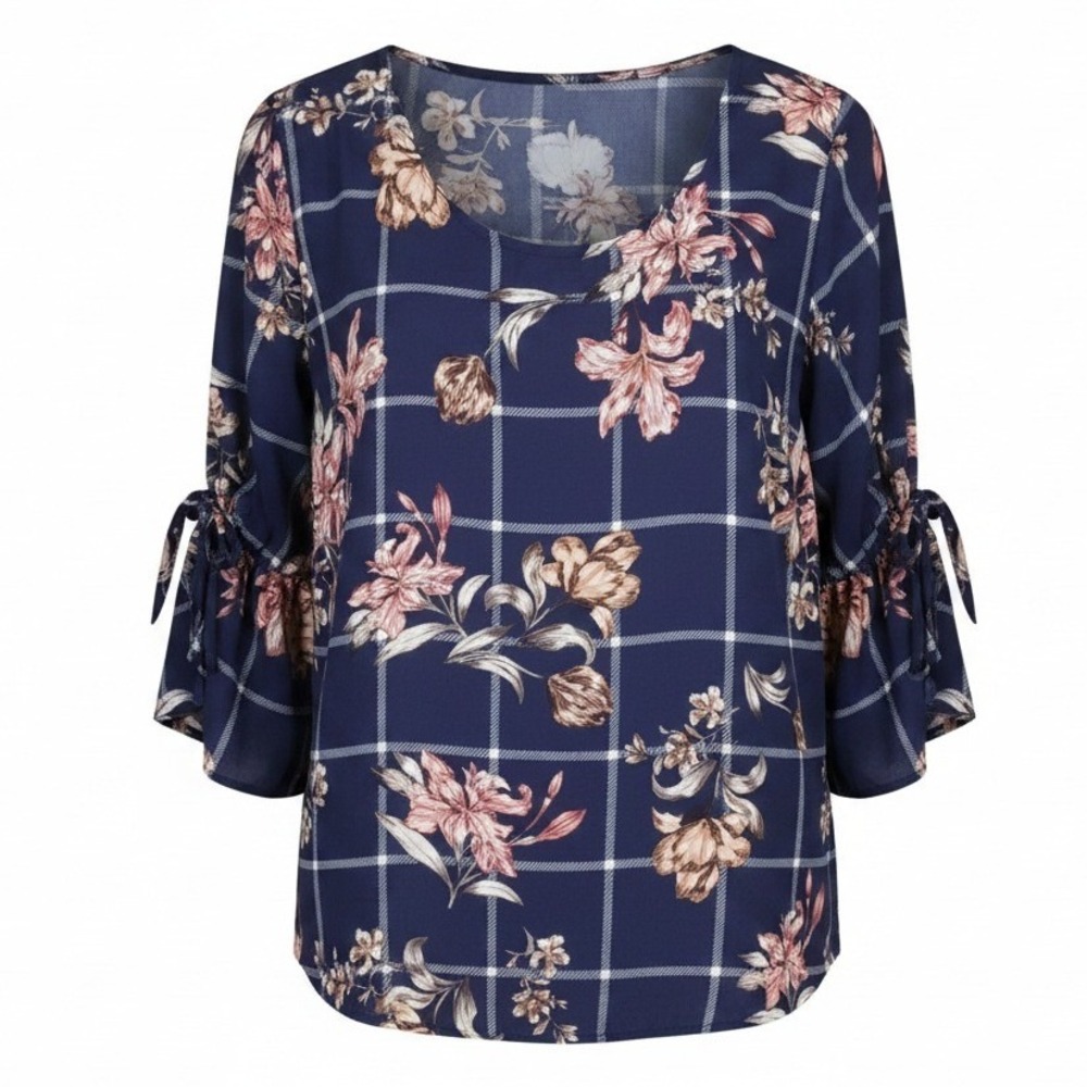Faith & Joy Plus Size NWT Floral Windowpane Pattern Ruffle Sleeve 2X Top Blouse